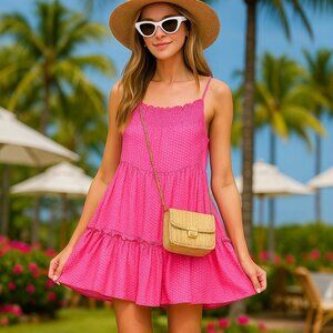 LUMIERE Hot Pink Tiered Mini Dress – Sleeveless Smocked Sundress with Back Tie